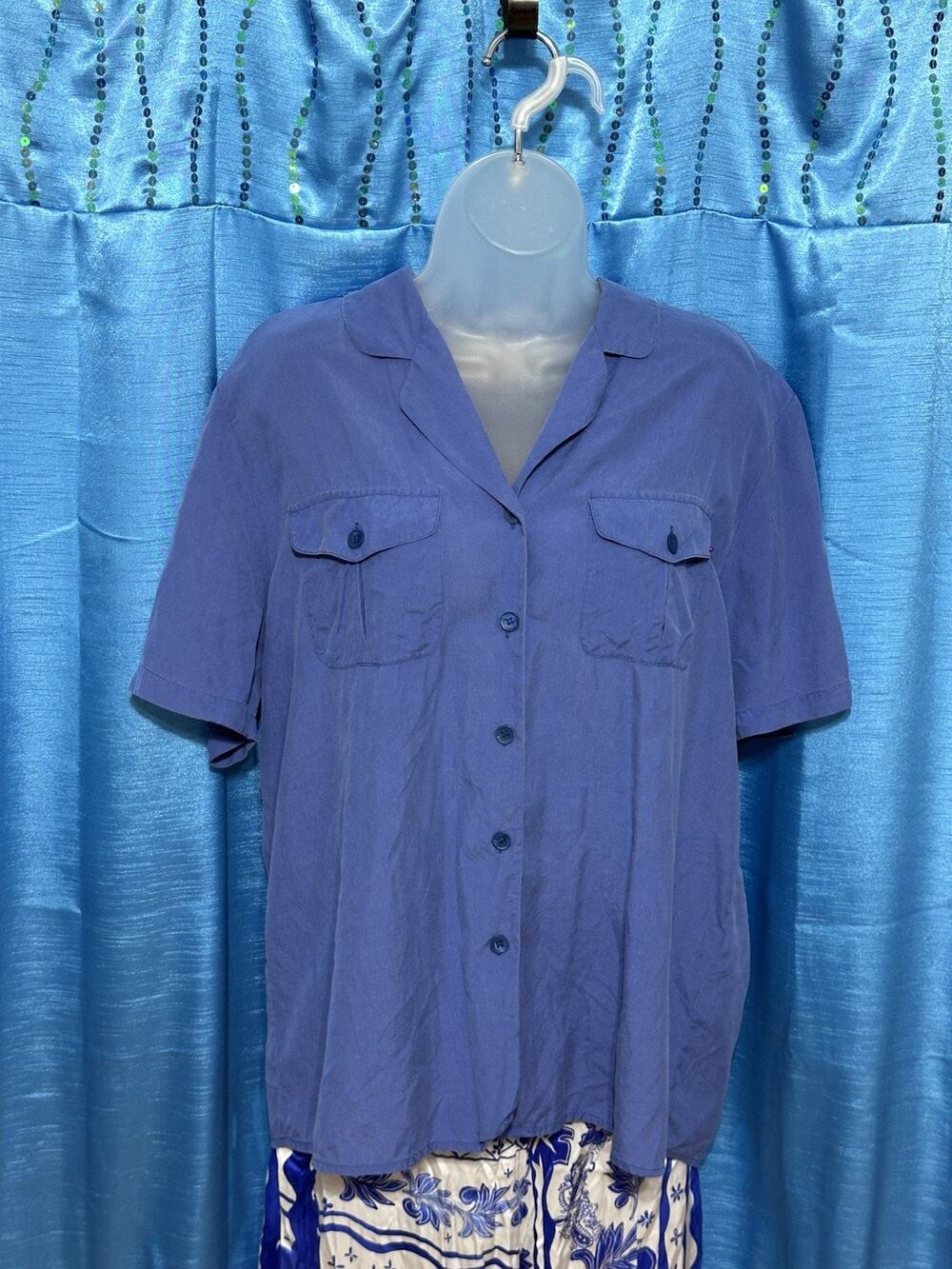 Christine & Jill 100% Silk Blue Button Down Shirt Blouse Top With Pockets SZ L